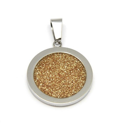 Médaillon en acier inoxydable argent et poudre dorée