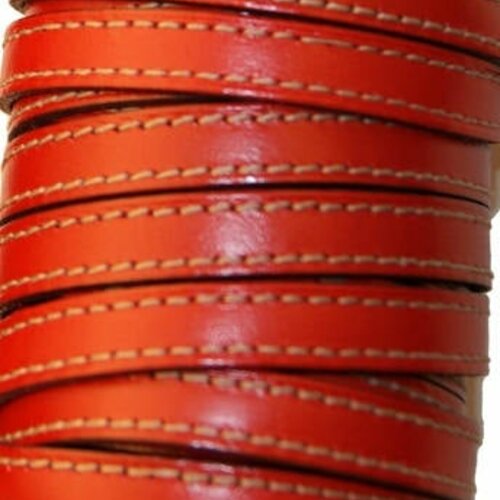 Cuir lanière plat 10 mm rouge avec coutures,vendu par 38,5cm