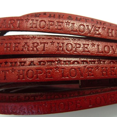 Cuir rouge avec message gravé hope,love,heart,plat,5 mm,vendu par 20 cm