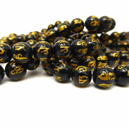 Perles d' agate noir estampillé d'or six mots de mantras 10 mm,lot de 5