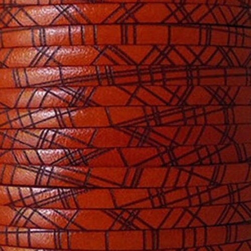 Cuir lanière plat 5mm orange impression géométrique,vendu par 20 cm