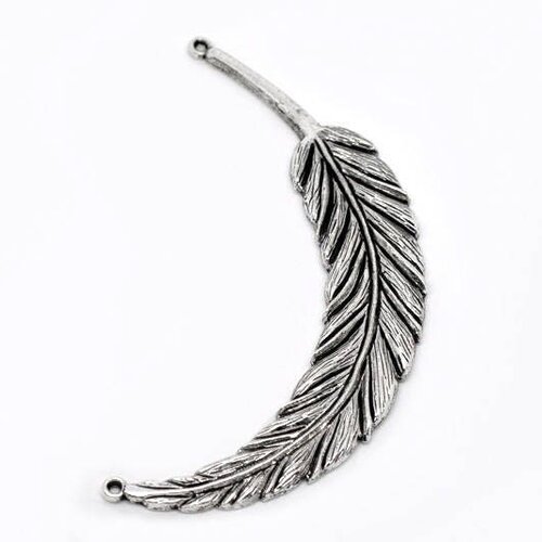 Pendentif connecteur plume métal argenté 95x18mm