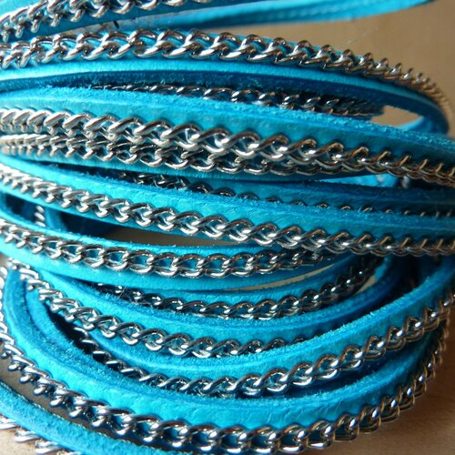 Cuir bleu turquoise chainette métal argent,5 mm,vendu par 64 cm