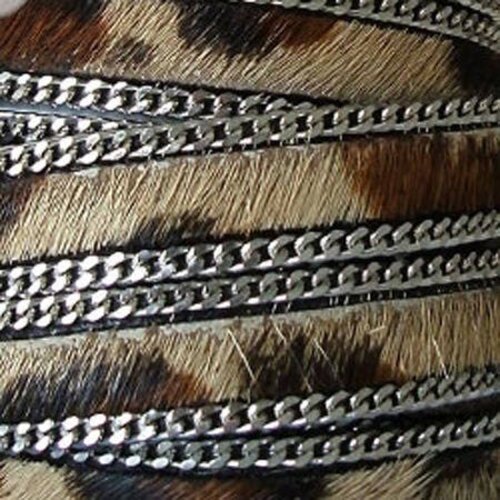 Cuir à poil léopard,chainette métal argent,10 mm,vendu par 20 cm