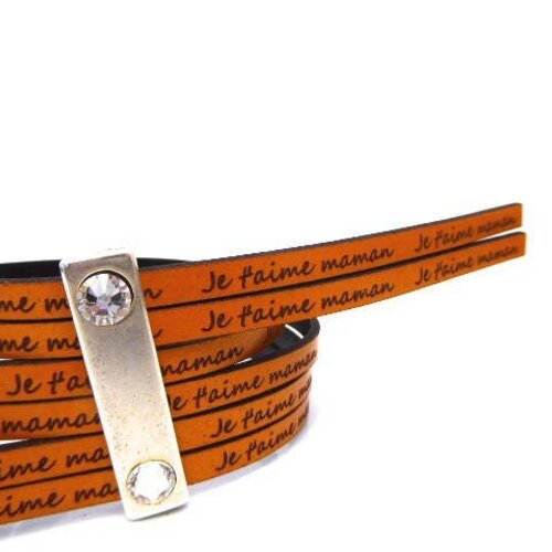 Cuir plat 5 mm orange,ocre,message je t'aime maman,vendu par section de 59 cm