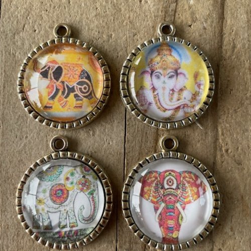 Pendentif cabochon en verre amulette indiennes support métal argent,cabochon 2,5 cm,lot de 4