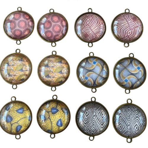 Pendentif cabochon tissu africain wax,pendentif métal bronze,cabochon verre  2,5 cm,lot de 12