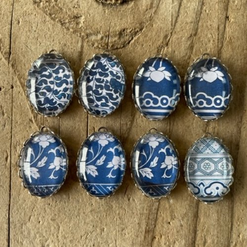Pendentifs motif poterie méditérranéenne cabochon verre,support métal argent 25x18 mm,lot de 8