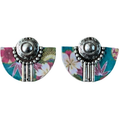 Pendentif motif tissu japon métal argent,3.7cm x 3cm,vendu par paire