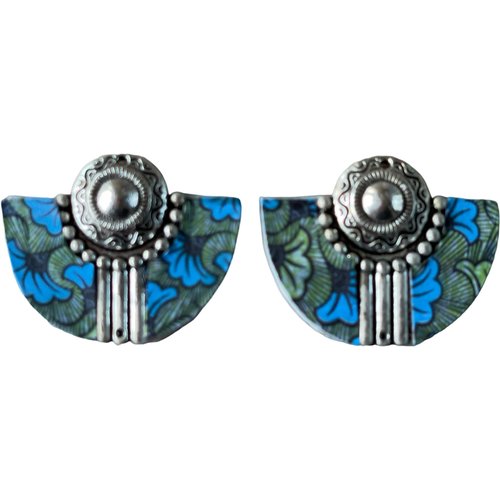Pendentif motif tissu africain wax métal argent,3.7cm x 3cm,vendu par paire