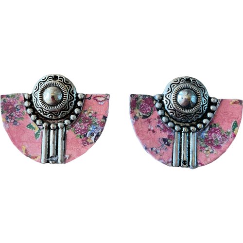 Pendentif motif tissu japon métal argent,3.7cm x 3cm,vendu par paire