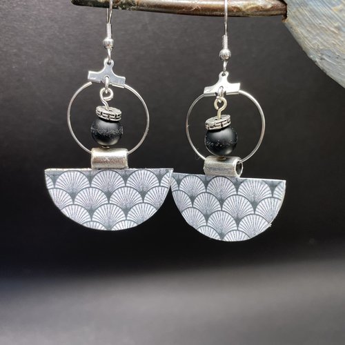 Kit boucles d'oreilles motif japonais,perle obsidienne mat crochet acier inoxydable