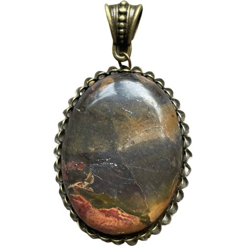 Pendentif cabochon jaspe paysage,support métal bronze,4x3 cm