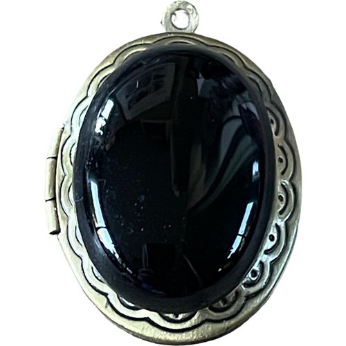 Pendentif porte photo cabochon en obsidienne de  32mm x 24mm métal bronze