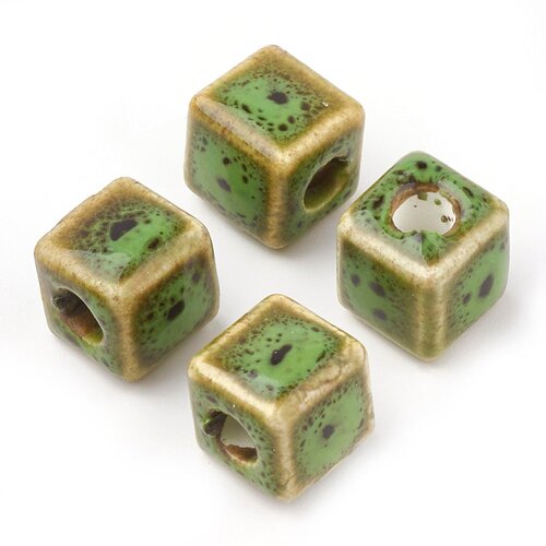 Perle céramique du pérou,carré,vert,10 mm trou 4mm,lot de 10 perles