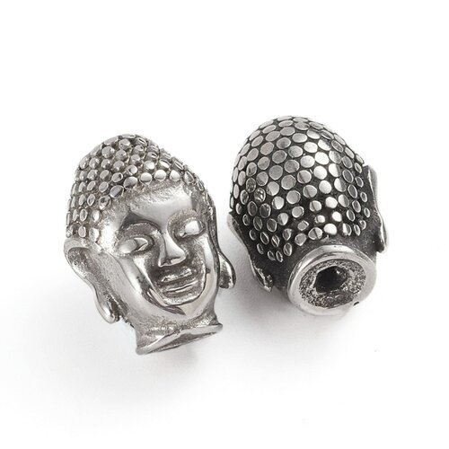 Perle intercalaire bouddha,acier inoxydable argent 13,5mm,lot de 2