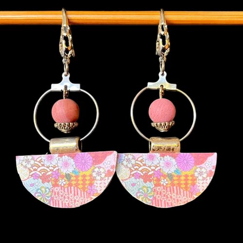 Kit boucles d'oreilles motif japonais,perle en rhodocrosite