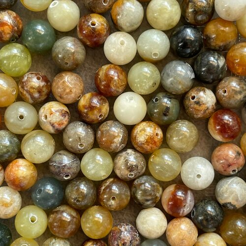 Perle jade xiuyan naturelle,ronde vert jaune chamaré 8 mm,lot de 10 perles