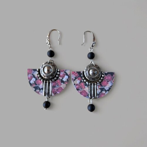 Kit boucles d'oreilles motif japonais,perle d'onyx noir