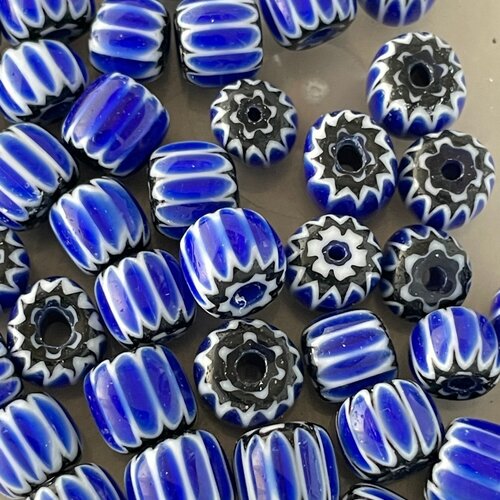 Perle verre au chalumeau artisanat inde,barillet, 7/8mm de diamètre,lot de 6