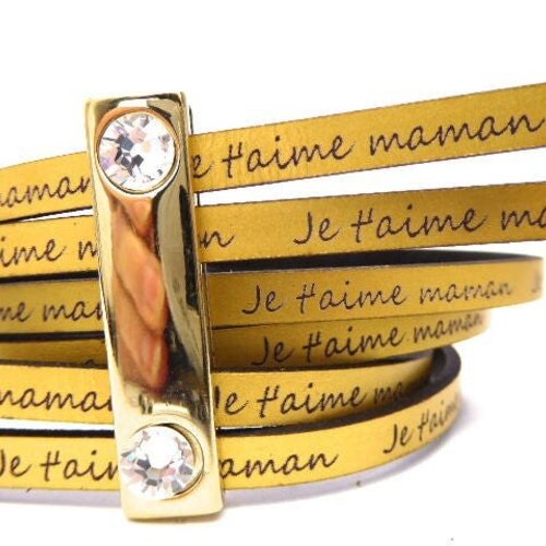 Cuir plat 5 mm or avec message "je t'aime maman" ,vendu par section de 59 cm