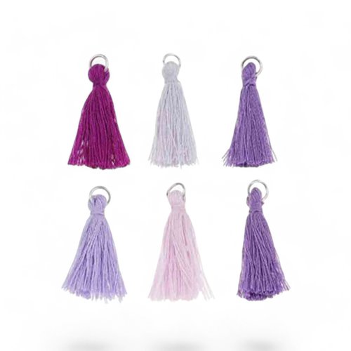 Pompon fil de coton multi couleur,anneau métal argent,30 mm,lot de 10