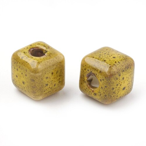 Perle céramique du pérou,carré,jaune,8,5mm trou 2 mm,lot de 10 perles