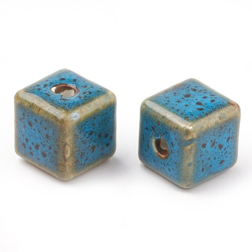 Perle céramique du pérou,carré,bleu,12 mm trou 4 mm,lot de 10 perles