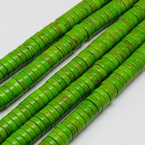 Perle howlite,ronde,plate,heishi,vert,4x2 mm, trou: 1 mm,vendu par fil de 170 perles