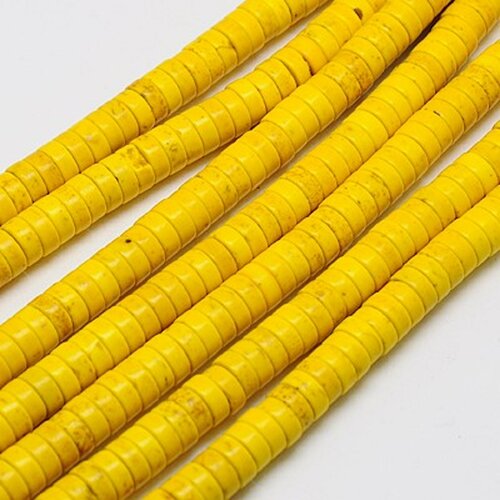 Perle howlite,ronde,plate,heishi,jaune,4x2 mm, trou: 1 mm,vendu par fil de 170 perles