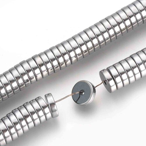 Perle d'hématite platinée argent,6x2mm,fil de 196 perles