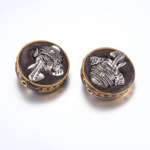 Perle indonésienne ganesh,argent et or antique et noir,28 mm