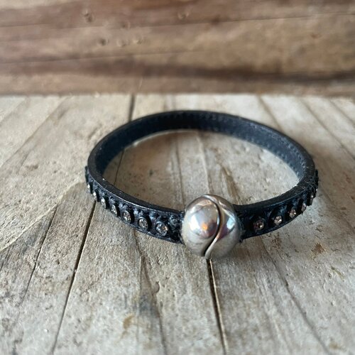 Kit bracelet cuir noir à strass de bohême avec fermoir magnétique boule argent