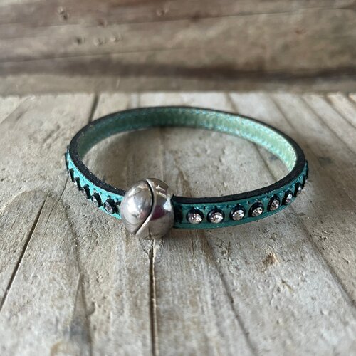 Kit bracelet cuir plat turquoise à strass de bohême avec fermoir magnétique boule argent