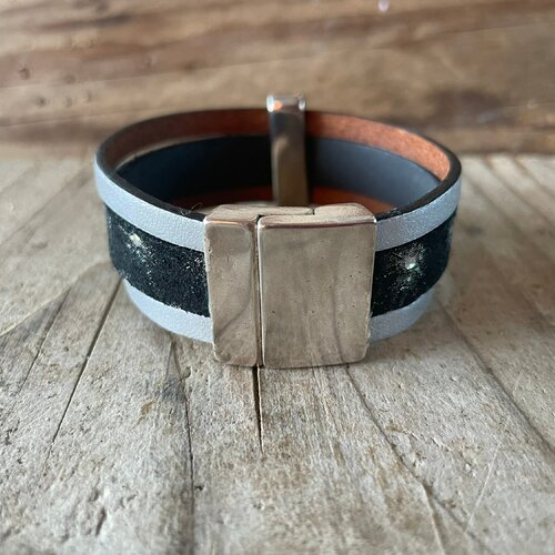 Kit bracelet cuir noir et argent 2 cm de large