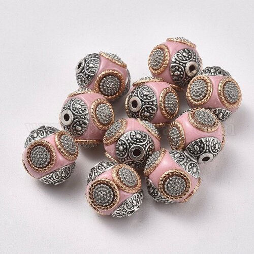 Perle indonésienne rose et argent 14 mm, trou: 1.5 mm,lot de 2 perles