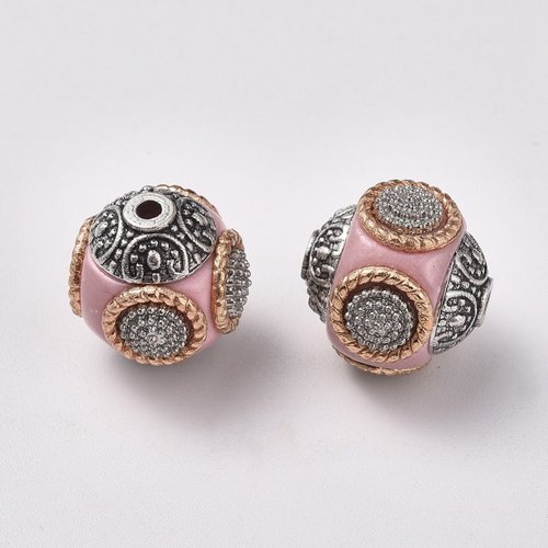Perle indonésienne rose et argent 14 mm, trou: 1.5 mm,lot de 2 perles