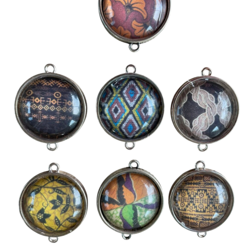 Pendentif connecteur cabochon verre,motif wax tissu africain,2,5 cm,vendu par 7