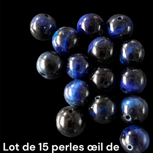 Perle oeil de tigre bleu grade aa,10 mm,lot de 15 perles