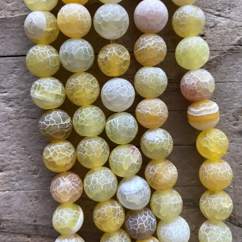 Perle agate jaune givrée craquelée, rond,mat,10 mm, trou 1mm,lot de 10 pcs