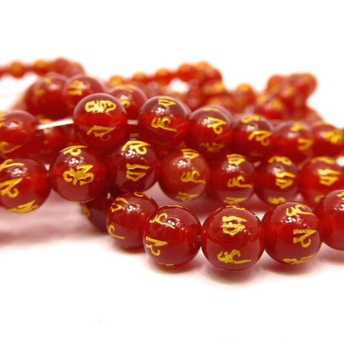 Perles d' agate rouge estampillé d'or six mots de mantras 8 mm,lot de 5