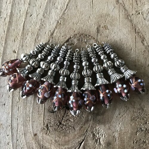 Perle de verre soufflé indien,montée sur tige avec calotte fleur métal argent,4 cm,vendu par 2