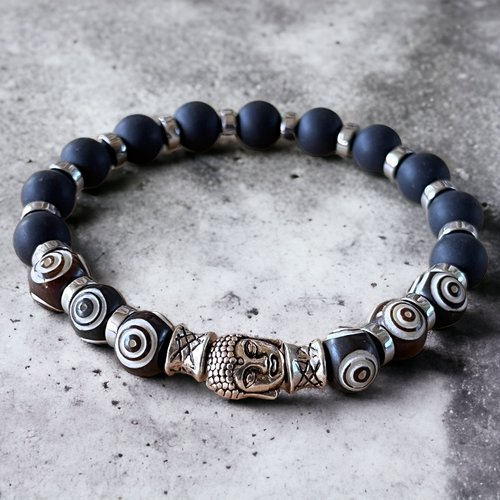 Kit bracelet élastique bouddha,obsidienne et os