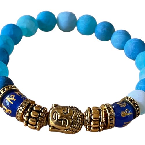 Kit bracelet élastique bouddha,agate craquelée bleu et agate mantra