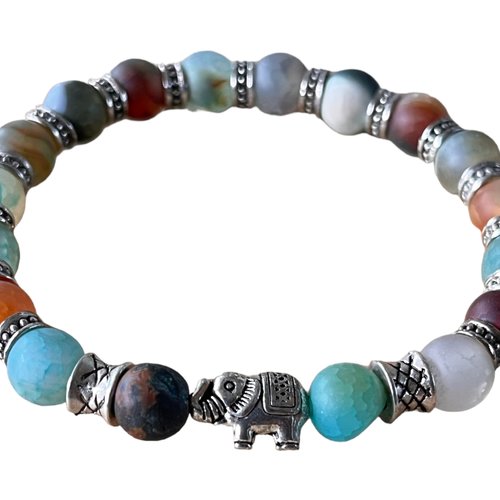 Kit bracelet élastique perle agate givrée et perle métal éléphant