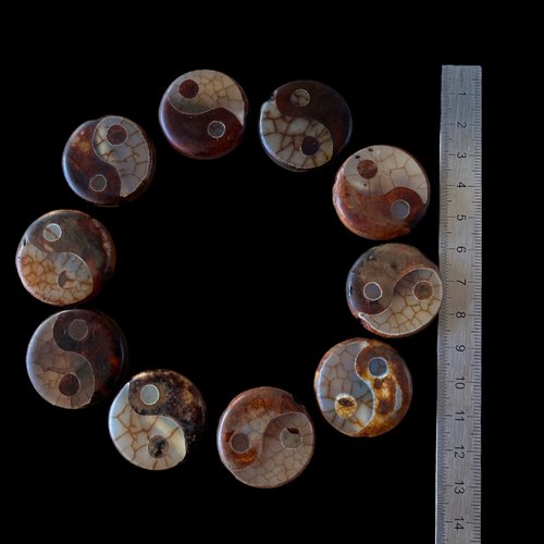 Perle yin et yang,perle dzi agate,ronde et plate,29~30.5x9~10mm,lot de 2 perles