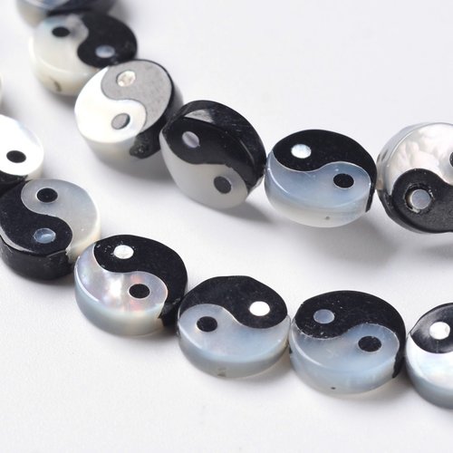 Perle yin et yang,en agate noire et coquillage blanc,8x2.5mm,lot de 2 perles