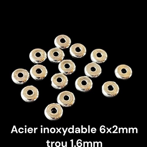 Perle intercalaire acier inoxydable 304,argent plat rond,6 sur 2 mm,lot de 20 pcs