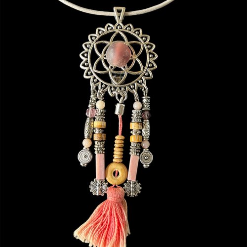 Collier en cuir rond taupe avec son pendentif attrape rêve,amérindien