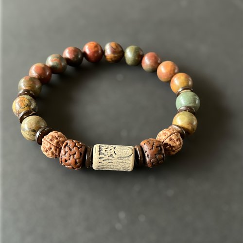 Bracelet élastique perles en jaspe paysage,bois gravé de mantra,terre cuite